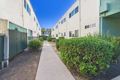 A long concrete pathway leads between two rows of buildings.