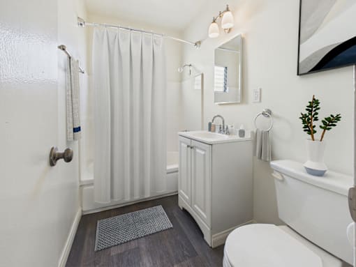 A white bathroom with a toilet, sink, and shower.