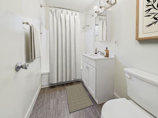 A bathroom with a white toilet, a white sink, and a shower curtain.