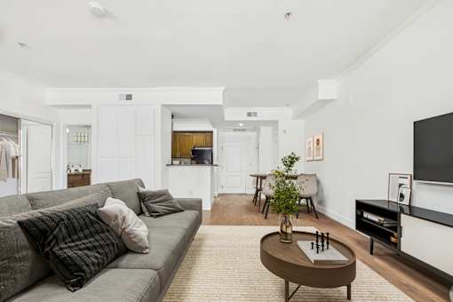 A living room with a grey couch and a coffee table.