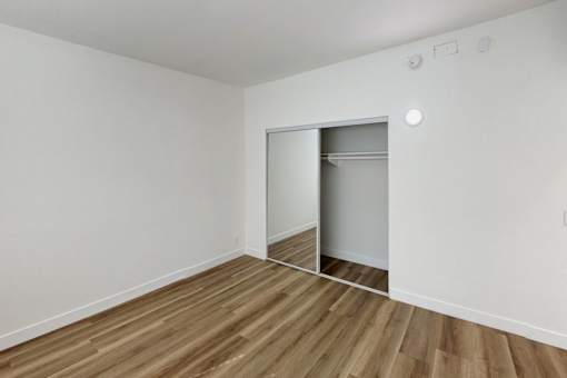 A room with a wooden floor and a white door.