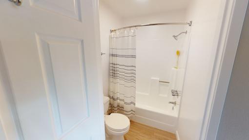 A white bathroom with a toilet and a shower.