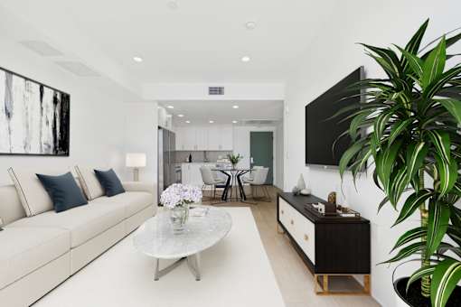 A modern living room with a white sofa, a glass coffee table, and a large plant.