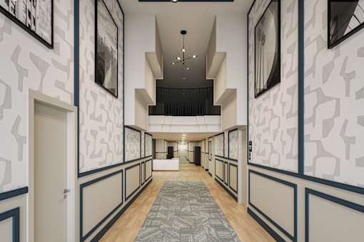 Bright and inviting apartment lobby designed with upscale finishes and sophisticated décor