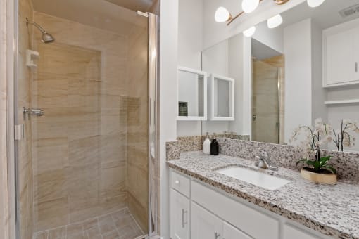 a bathroom with a sink and a shower