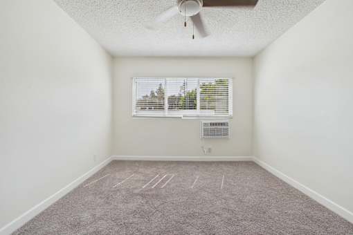 A room with a carpeted floor and a window with blinds.