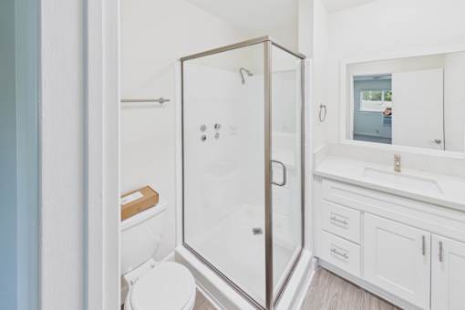 A white bathroom with a walk in shower.