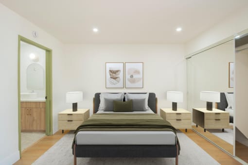 a bedroom with a bed and a glass door to a bathroom