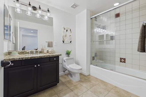 A bathroom with a white toilet and a sink with a granite counter.