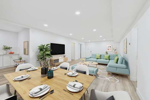 A modern dining room with a wooden table set for six.