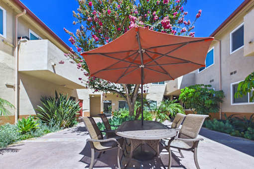 A patio with a table, chairs and an umbrella.