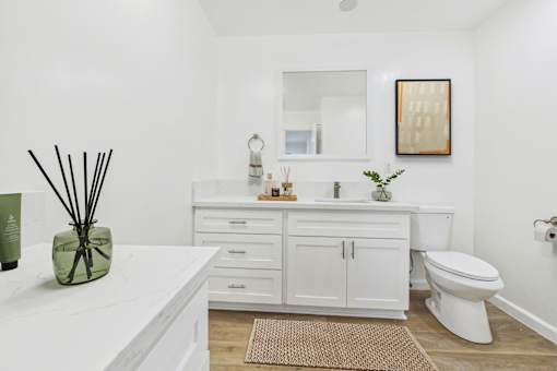 A white bathroom with a vanity and a toilet.