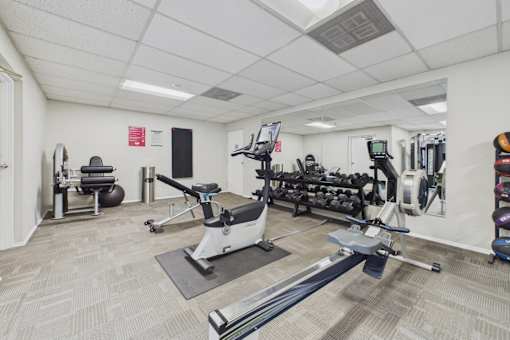 A gym with a variety of equipment including treadmills, weights, and exercise machines.