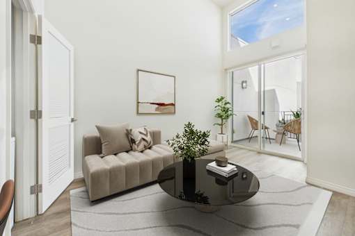 A living room with a couch, a coffee table, and a plant.