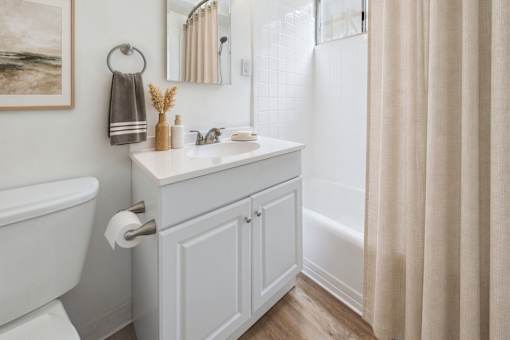 A bathroom with a white tub, sink, and toilet paper holder.