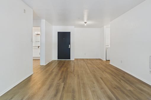 A room with a black door and wooden flooring.