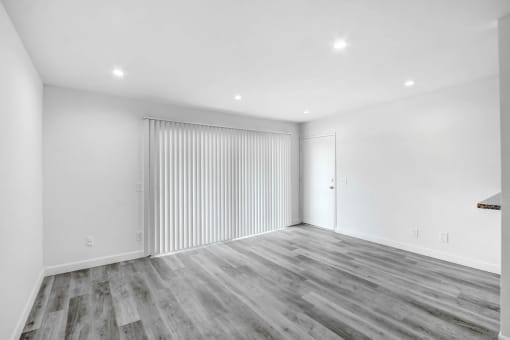 a living room with white walls and wood flooring and a sliding closet