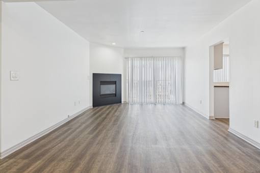A room with a fireplace and a sliding door.