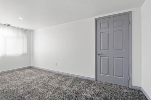 A room with a grey door and carpeted floor.