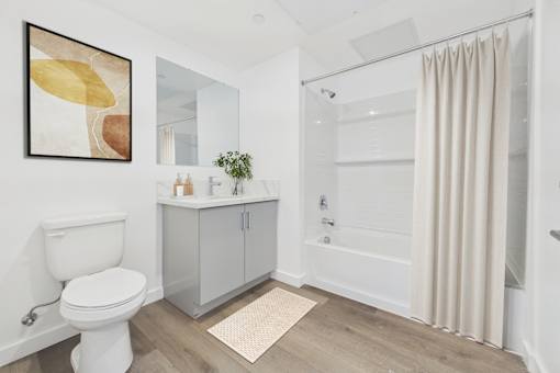 A bathroom with a toilet, a cabinet, a mirror, and a shower.