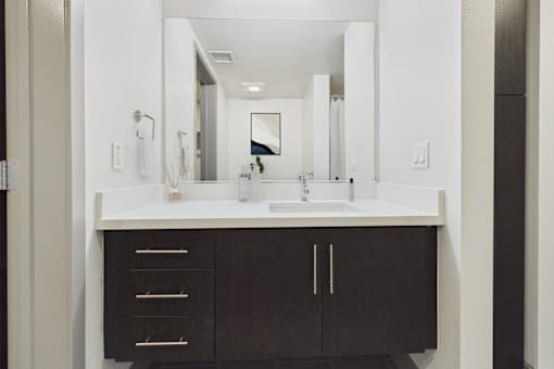 A bathroom with a sink and a mirror.