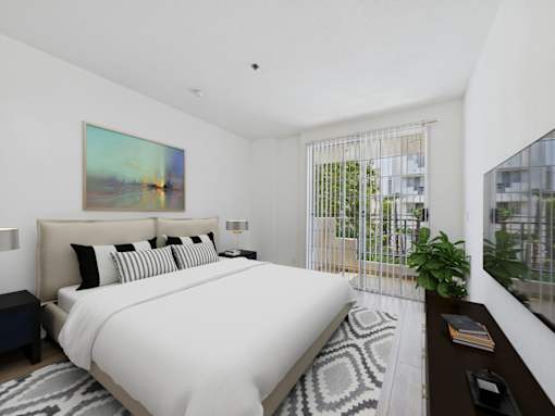 A bedroom with a large bed and a painting on the wall.
