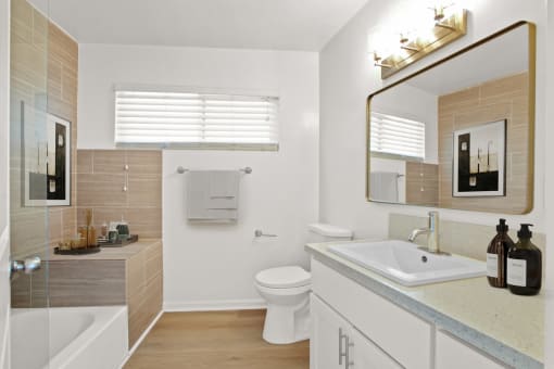 a bathroom with a sink toilet and a mirror