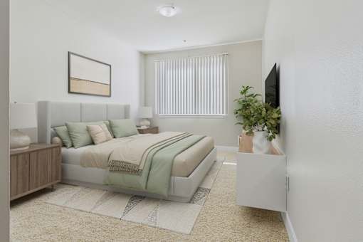 A bedroom with a bed, nightstand, and a plant.