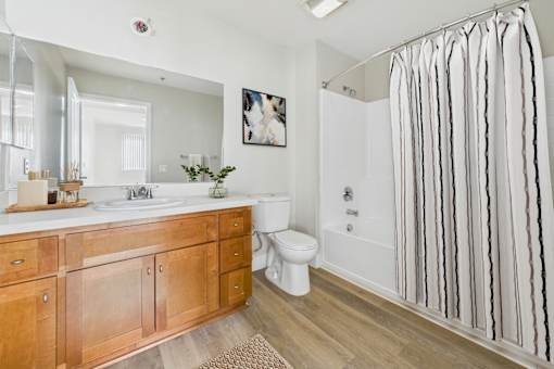 A bathroom with a white toilet, sink, and shower.