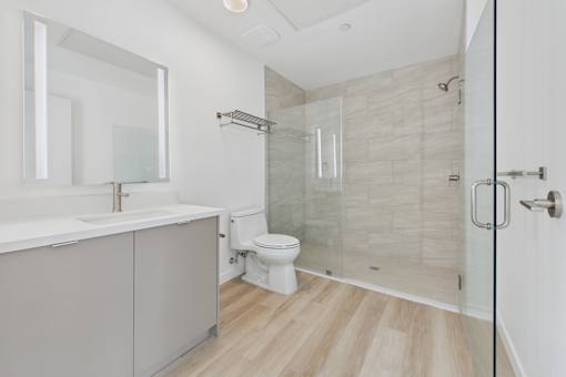 A white bathroom with a walk-in shower and a toilet.