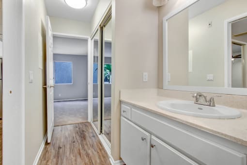 a bathroom with a sink and a mirror