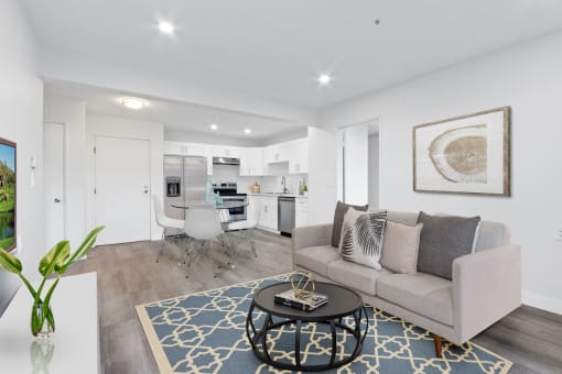 a living room with a couch and a table
