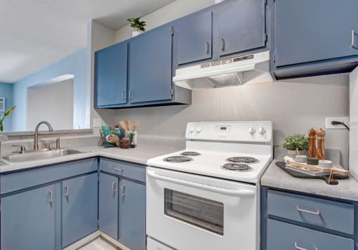 a kitchen with blue cabinets and white appliances