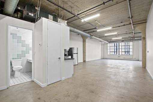 A large, empty room with a toilet and sink visible through the door.
