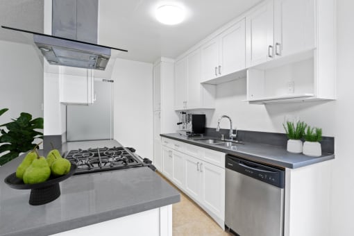 a white kitchen with stainless steel appliances and white cabinets