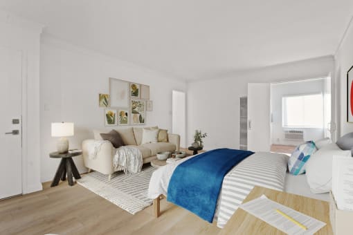 a living room with a bed and a couch