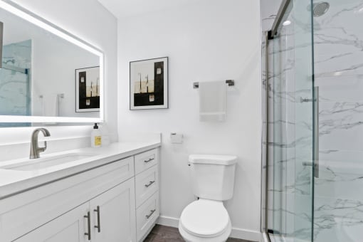 a white bathroom with a toilet and a glass shower