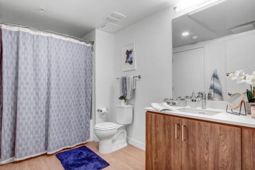 a bathroom with a shower and a sink and a toilet