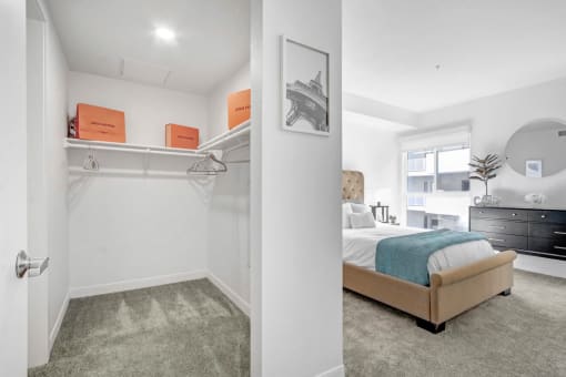 a bedroom with a bed and a closet