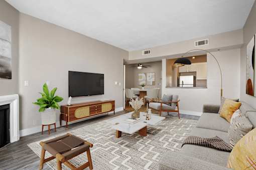A living room with a fireplace and a television.
