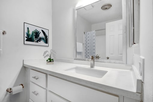 a white bathroom with a large mirror and a sink