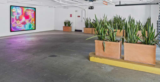 a room with plants in pots on the floor and a painting on the wall