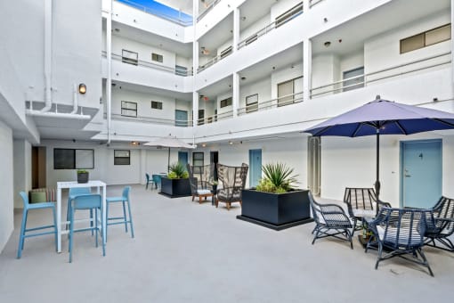 a large room with tables and chairs and umbrellas