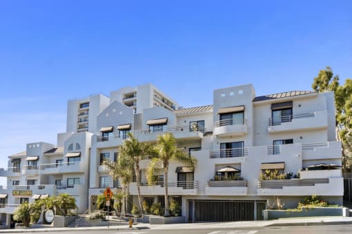 a white apartment building with palm trees in front of it