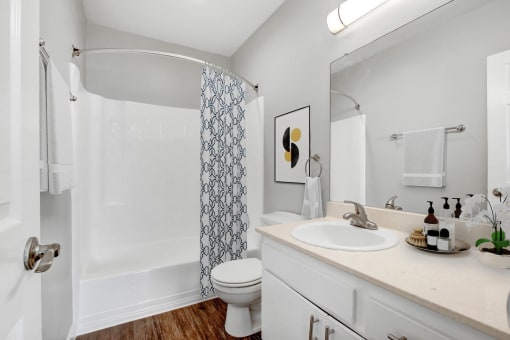 a bathroom with a shower and a sink and a toilet