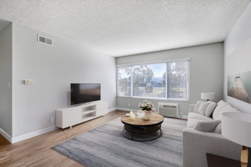 a living room with a couch and a table and a tv