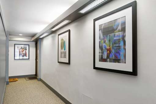 a long white hallway with framed pictures on the wall