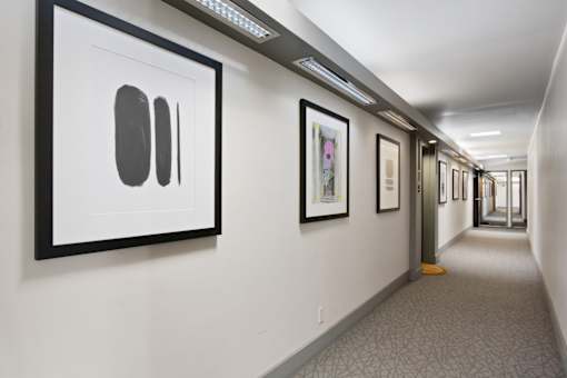 a hallway with pictures on the wall and a corridor with a door