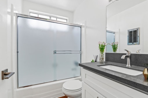 a bathroom with a shower and a sink and a toilet