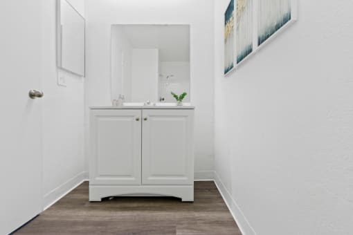 a white bathroom with a sink and a mirror